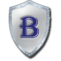 silver shield with blue capital B on it 